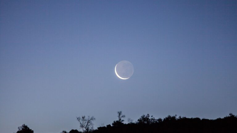 New moon in a light-blue sky.