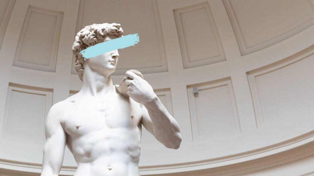 Astrology in Renaissance art – close-up of a classical marble statue with a modern blue brushstroke.