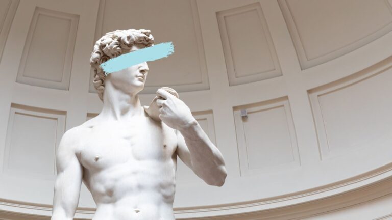 Astrology in Renaissance art – close-up of a classical marble statue with a modern blue brushstroke.