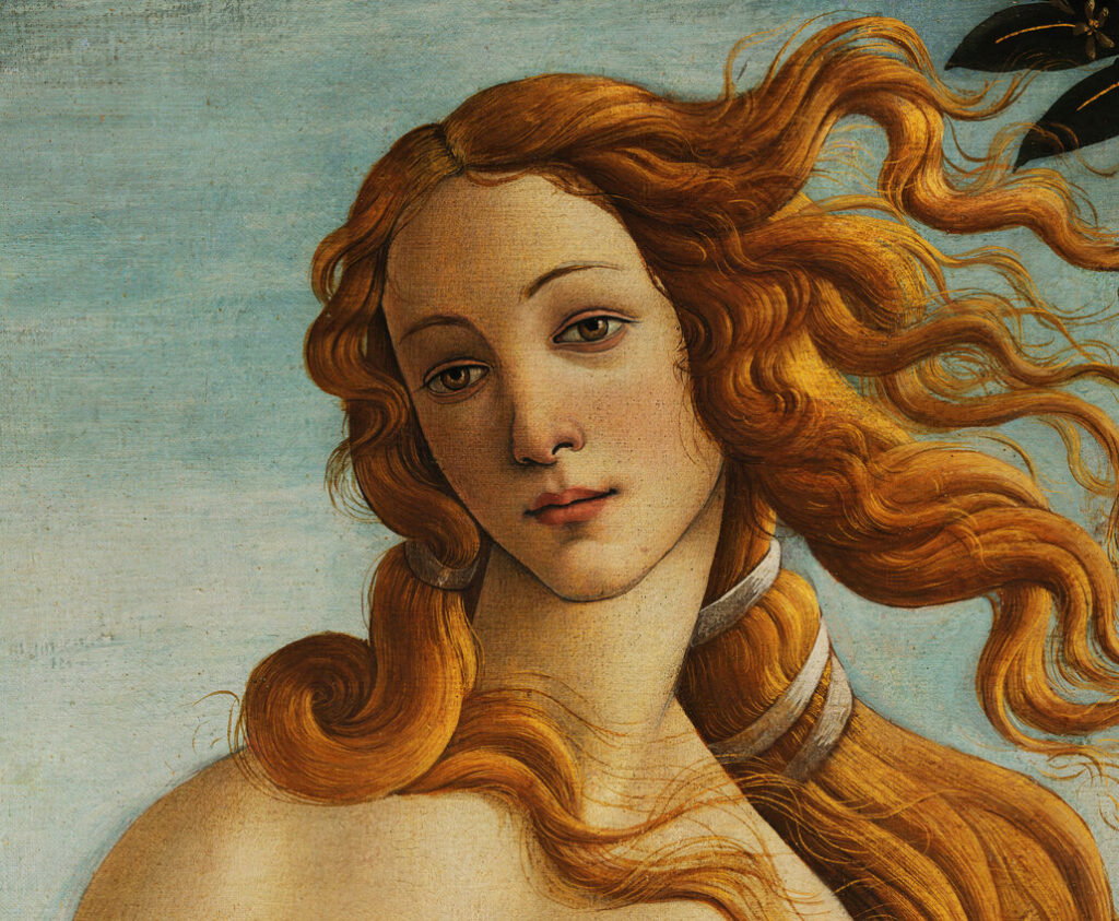 Botticelli’s Venus: close-up of the goddess with flowing golden hair.