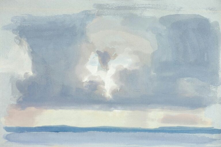 Uranus in Gemini illustrated through a soft watercolor of a cloudy sky above a calm horizon, evoking themes of transition and the subtle power of change.