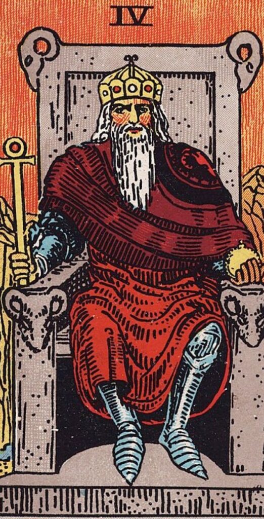 The Emperor card from the Rider-Waite tarot, a stern figure seated on a stone throne adorned with ram heads.