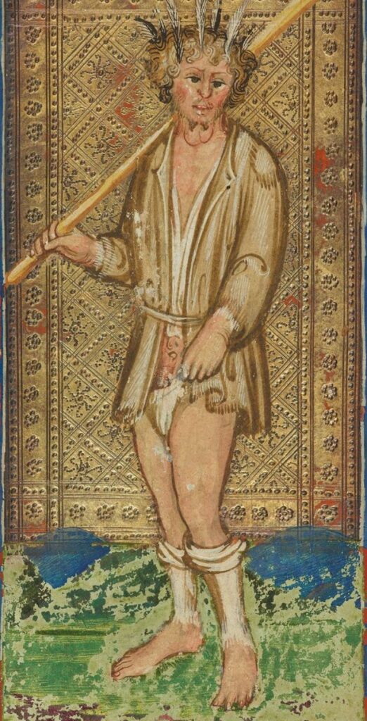 The Fool, depicted in the 15th-century Visconti-Sforza tarot, represents innocence, folly, and new beginnings.