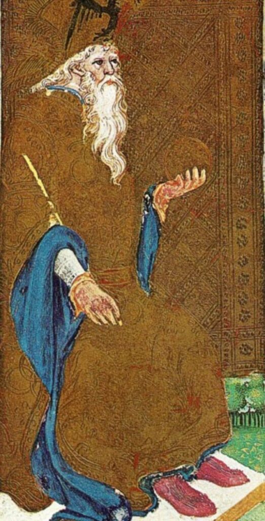 The Emperor card from the 15th-century Visconti-Sforza tarot, showing a crowned ruler holding a scepter and orb.