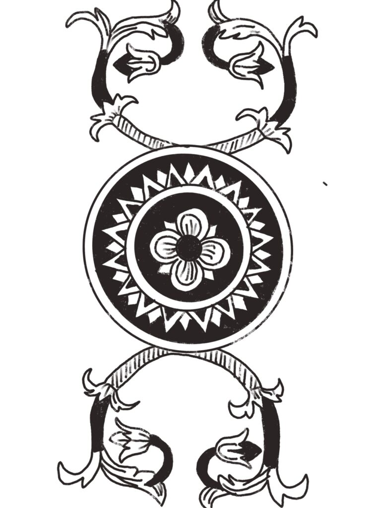 Ace of Pentacles card from the Marseille tarot, black and white.