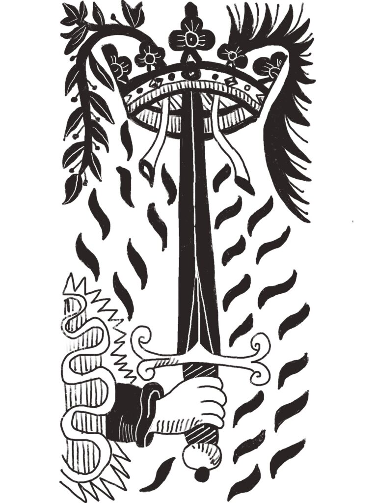 Ace of Swords card from the Marseille tarot, black and white.