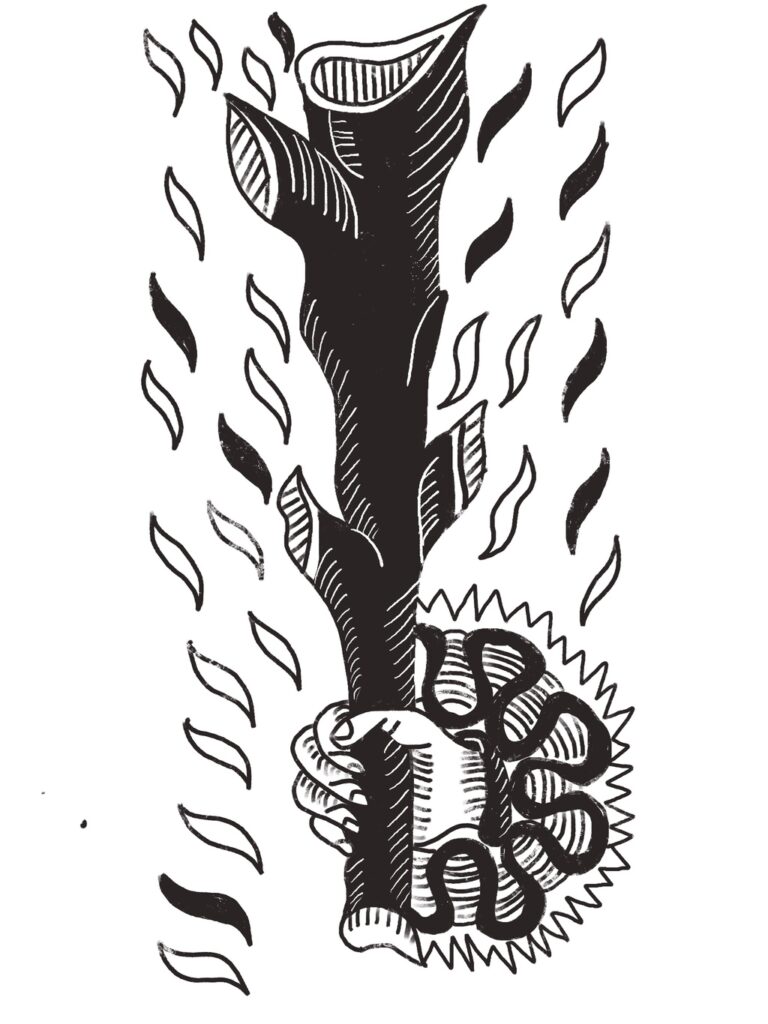 Ace of Wands card from the Marseille tarot, black and white.