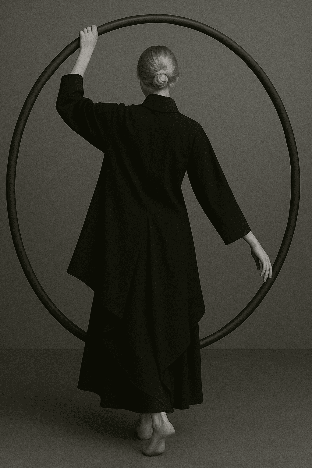 A woman inside a dark circle, symbolizing cycles, the cosmos, and the unseen connections explored by Born Under Saturn.