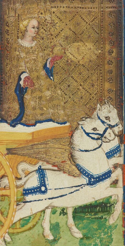 The Chariot card from the 15th-century Visconti-Sforza tarot, showing a crowned figure riding a triumphal cart.