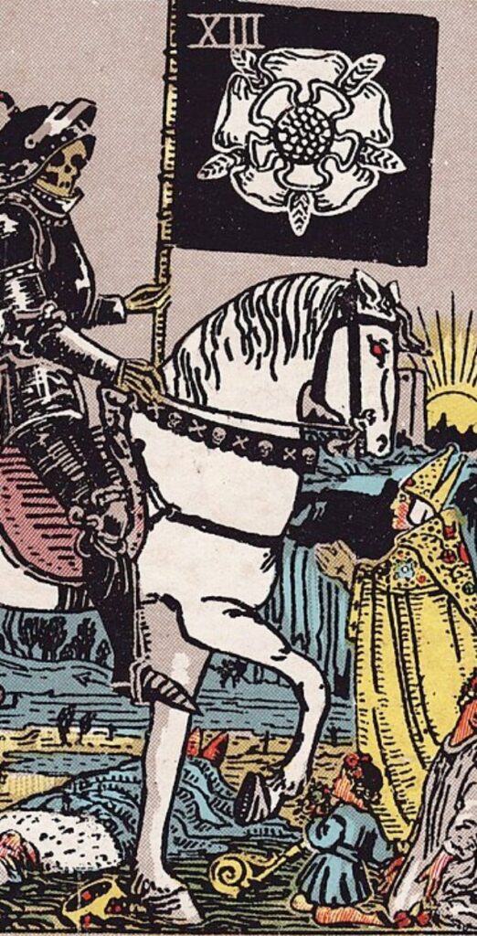 The Death card from the Rider-Waite tarot, showing a skeleton knight on horseback carrying a black banner.