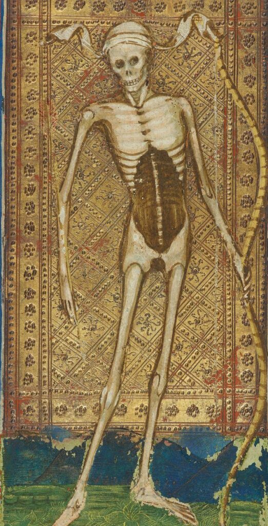 The Death card from the 15th-century Visconti-Sforza tarot, showing a skeleton figure with a scythe.