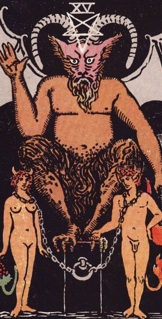 The Devil card from the Rider-Waite tarot, depicting a horned demon with a man and woman bound in chains.