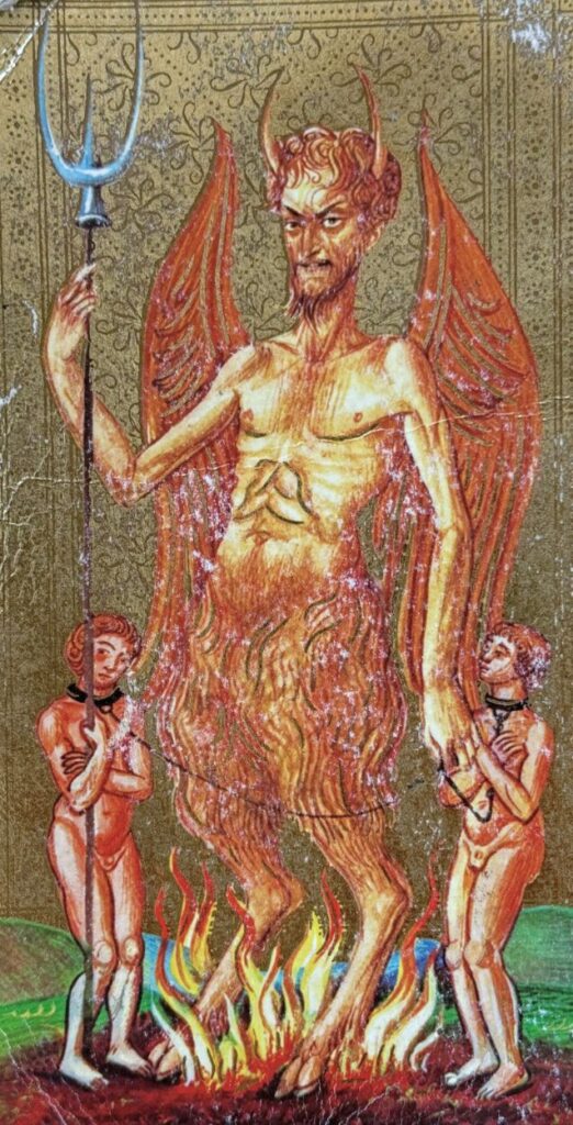The Devil card from the 15th-century Visconti-Sforza tarot, showing a horned figure with wings and clawed feet.