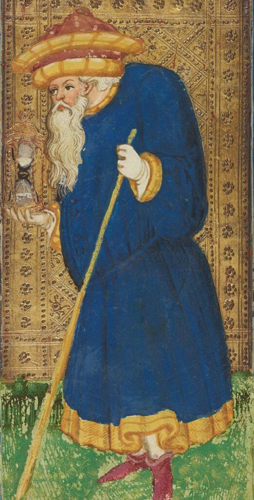 The Hermit card from the 15th-century Visconti-Sforza tarot, showing an old man holding an hourglass.
