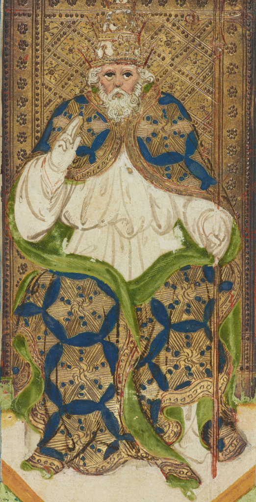 The Pope card from the 15th-century Visconti-Sforza tarot, showing a crowned figure blessing with two fingers raised.
