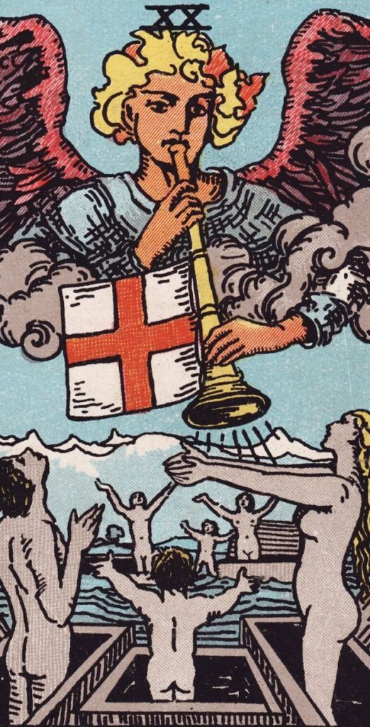 The Judgement card from the Rider-Waite tarot, showing an angel sounding a trumpet with people rising from coffins.