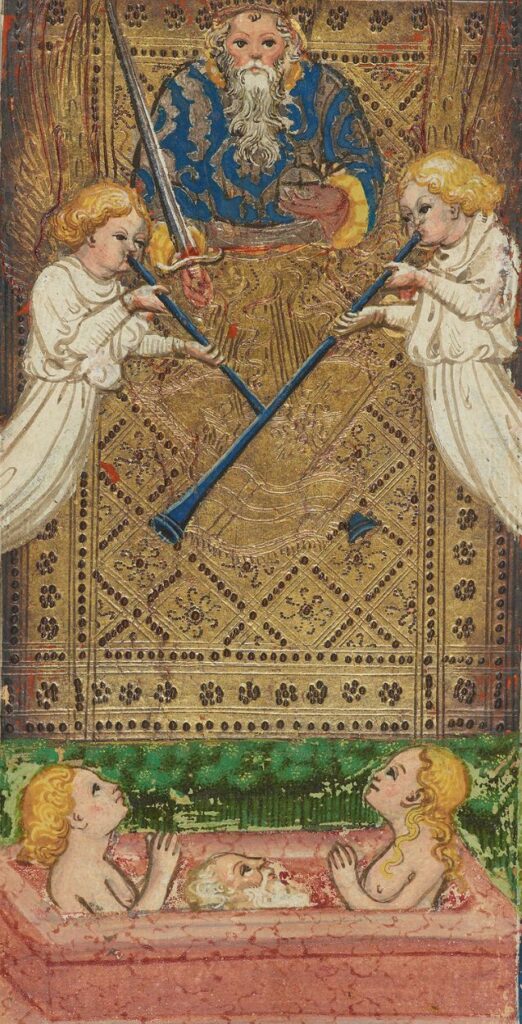 The Judgement card from the 15th-century Visconti-Sforza tarot, showing an angel blowing a trumpet as figures rise from graves.