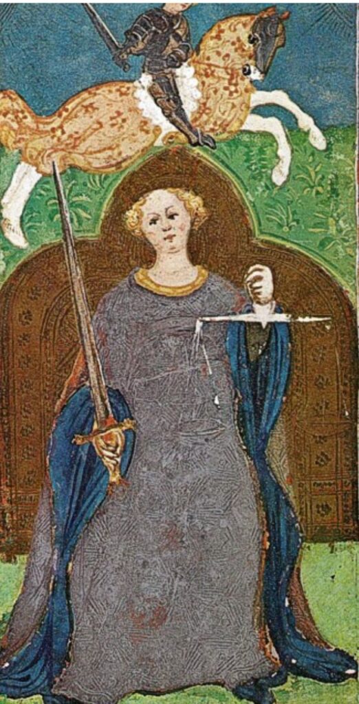 The Justice card from the 15th-century Visconti-Sforza tarot, showing a crowned woman holding scales and a sword.