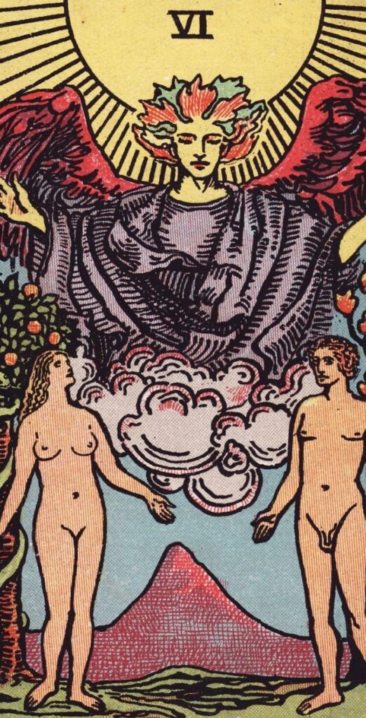 The Lovers card from the Rider-Waite tarot, depicting Adam and Eve with an angel above them.