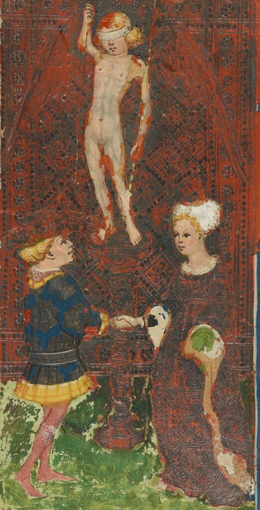 The Lovers card from the 15th-century Visconti-Sforza tarot, showing a couple with a winged figure above.