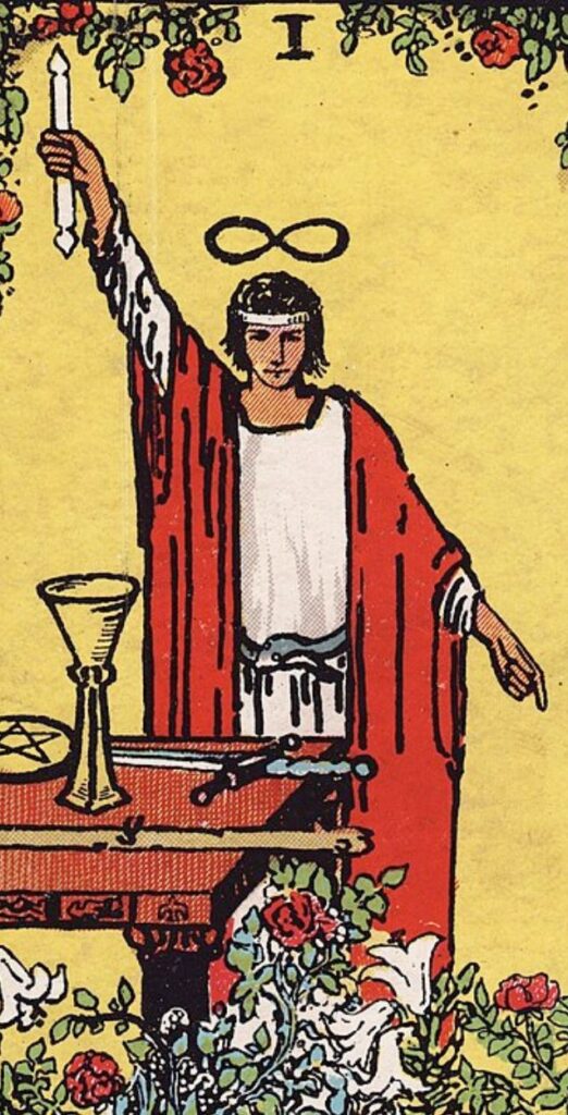 The Magician card from the Rider-Waite tarot, with one hand pointing to the sky and the other to the earth, surrounded by symbols of the four suits.