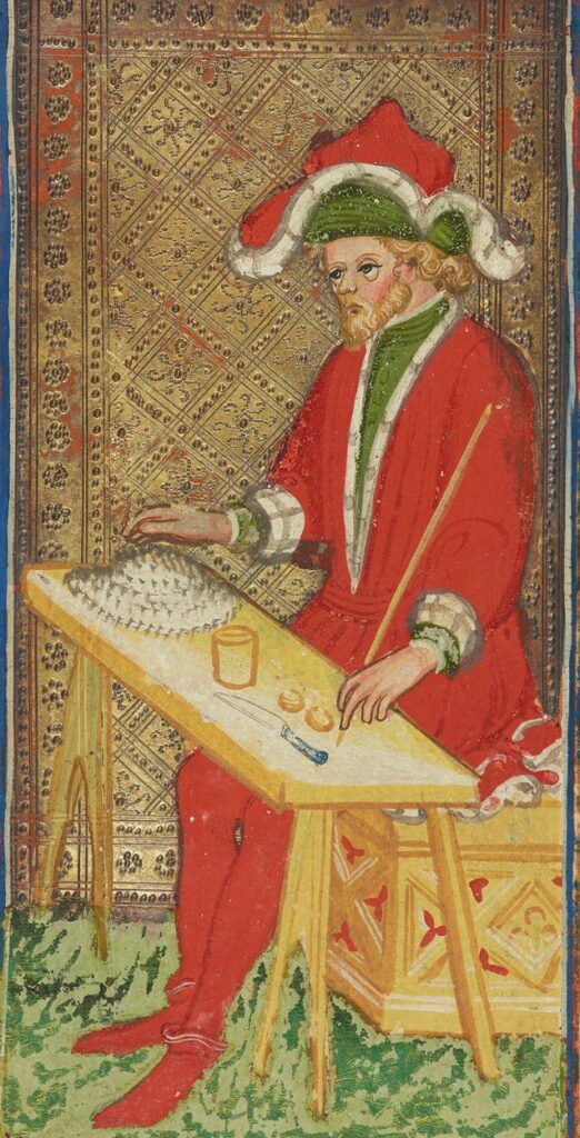 The Magician card from the 15th-century Visconti-Sforza tarot, showing a figure with tools laid out on a table.