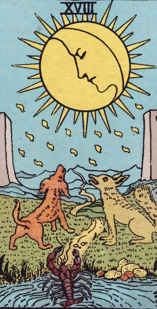 The Moon card from the Rider-Waite tarot, showing a moon above with two towers, a dog and wolf, and a crayfish emerging from water.