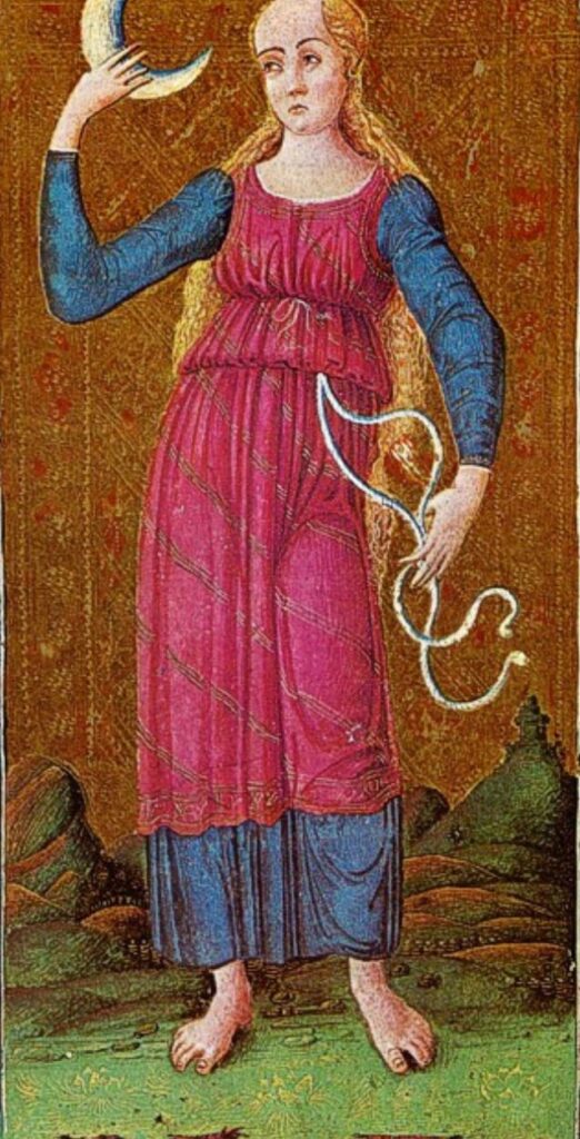 The Moon card from the 15th-century Visconti-Sforza tarot, showing a crescent moon with two figures below.