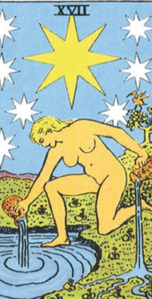 The Star card from the Rider-Waite tarot, showing a woman pouring water with a large star above and smaller stars around.
