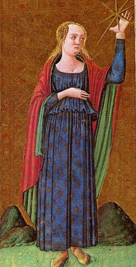The Star card from the 15th-century Visconti-Sforza tarot, showing a figure beneath a radiant star.