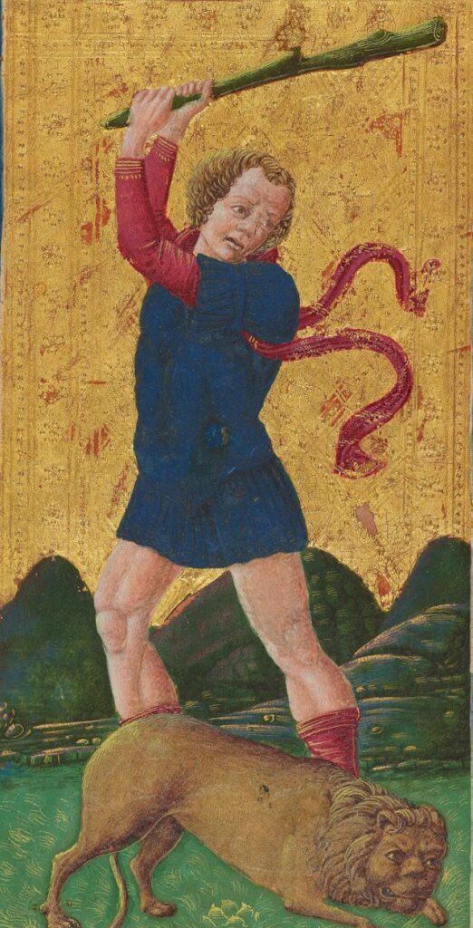 The Strength card from the 15th-century Visconti-Sforza tarot, showing a woman holding a broken column.