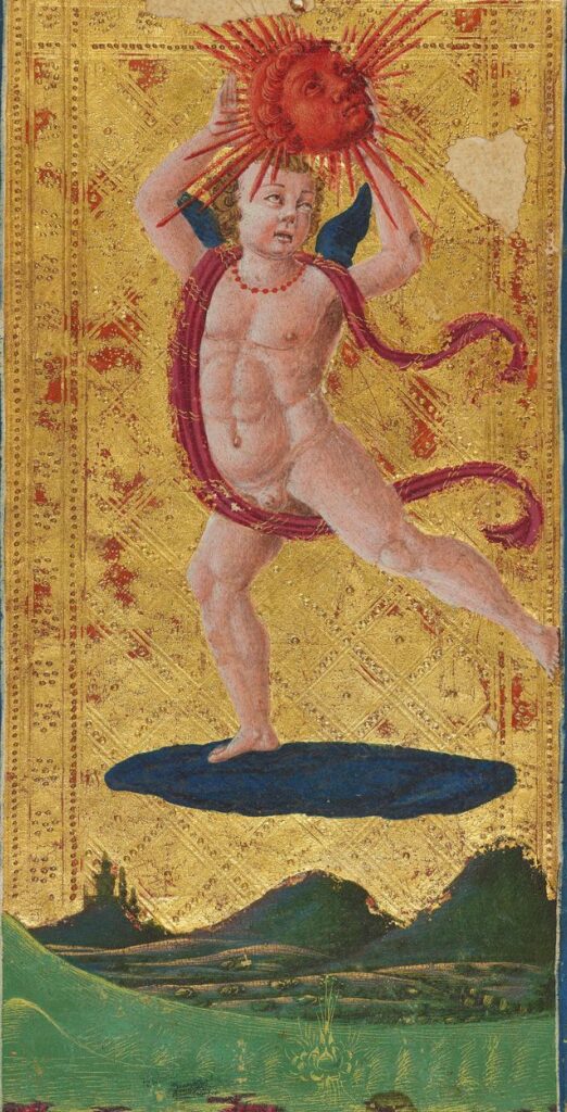 The Sun card from the 15th-century Visconti-Sforza tarot, showing a radiant sun above two figures.