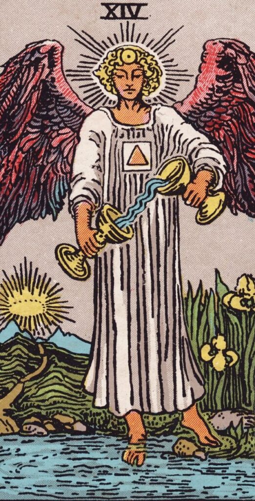 The Temperance card from the Rider-Waite tarot, showing an angel pouring water between two cups with one foot on land and one in water.