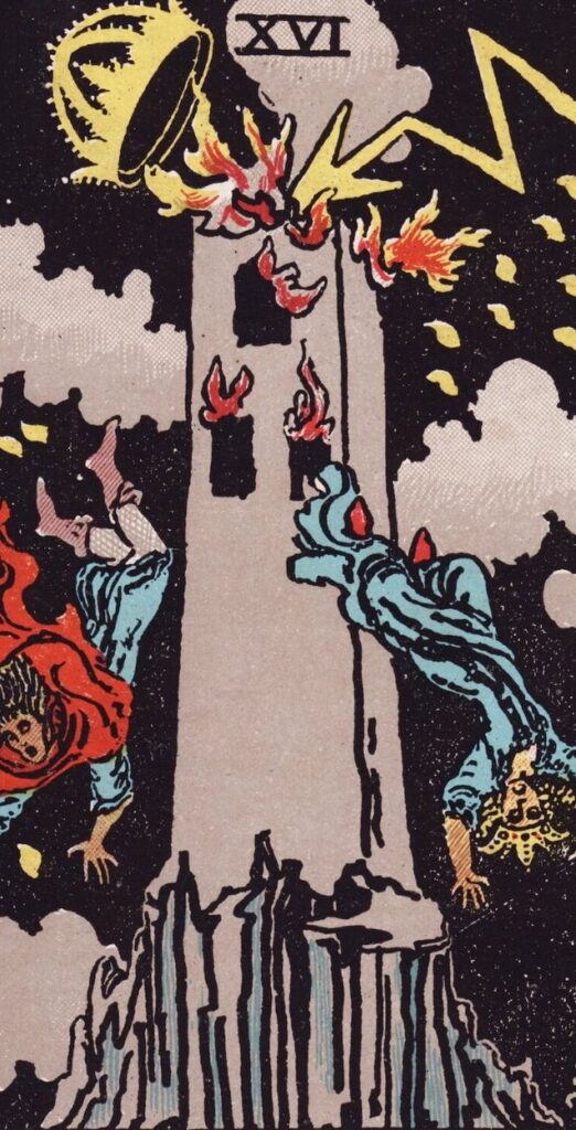 The Tower card from the 15th-century Visconti-Sforza tarot, showing a tower struck and people falling.