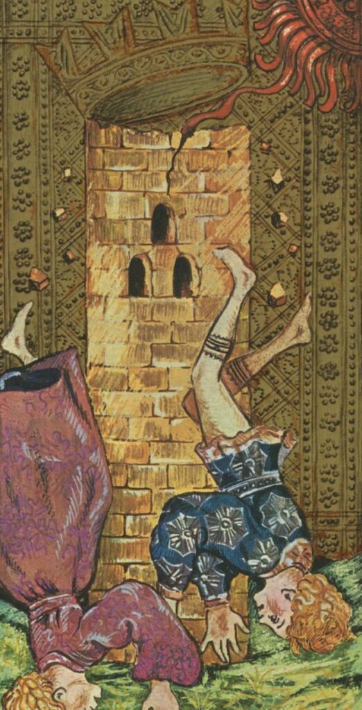 The Tower card from the Rider-Waite tarot, showing a tower struck by lightning with figures falling.