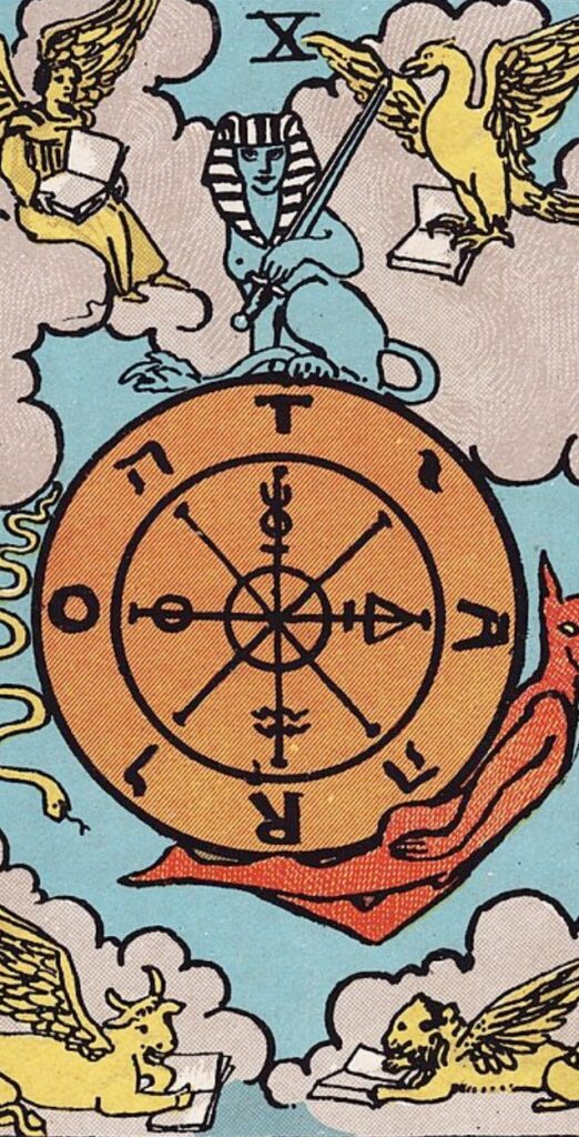 The Wheel of Fortune card from the Rider-Waite tarot, depicting a wheel with symbolic creatures around it in the sky.