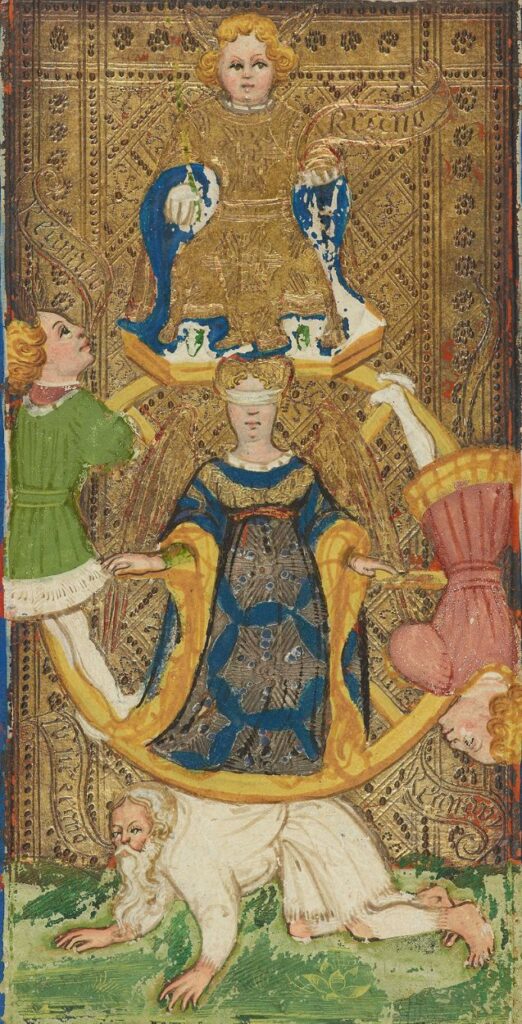 The Wheel of Fortune card from the 15th-century Visconti-Sforza tarot, showing figures turning around a great wheel.