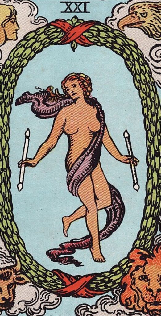 The World card from the Rider-Waite tarot, showing a dancing figure within a wreath, surrounded by the four living creatures.