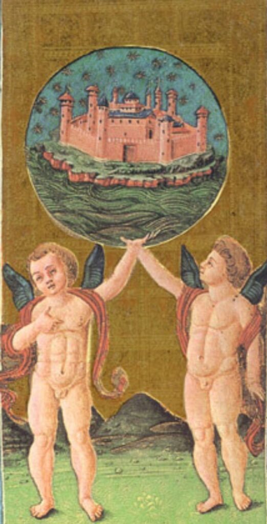 The World card from the 15th-century Visconti-Sforza tarot, showing a crowned figure within a mandorla surrounded by symbols of the four evangelists.