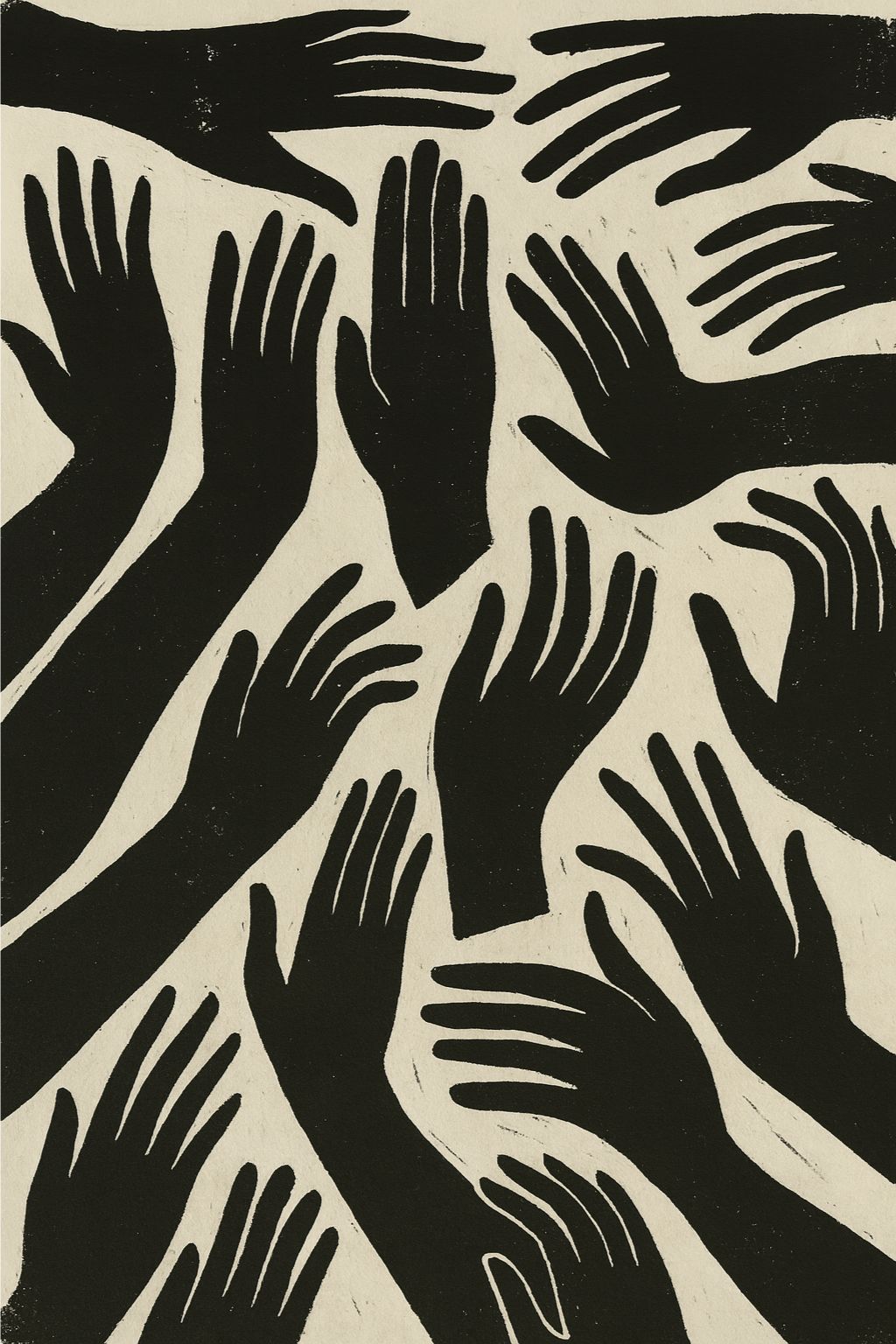Illustration of multiple black hand silhouettes reaching in different directions.