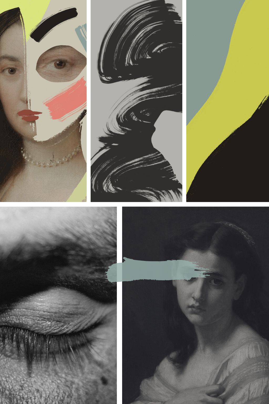 Moodboard for the book Born Under a Rising Sign, featuring a mix of Renaissance portraits, expressive brushstrokes, and abstract textures symbolizing the fusion of art, identity, and astrology.