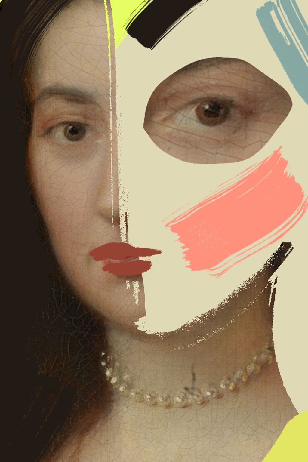 Close-up of the Born Under a Rising Sign book cover, showing a Renaissance-style female portrait partially overlaid with bold abstract brushstrokes.