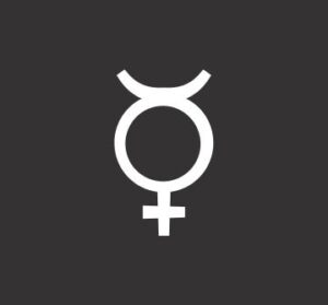 Mercury astrology symbol in white on a dark background.