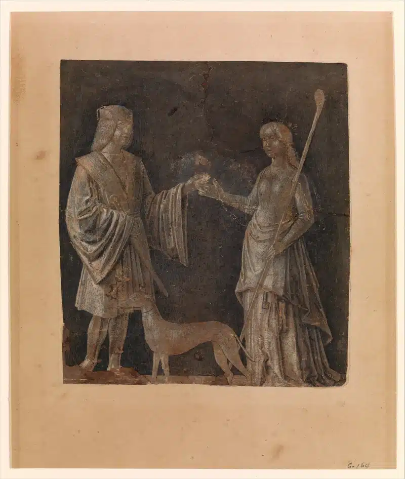 Rising sign compatibility illustrated by two figures meeting and reaching toward one another, with a dog standing between them in an antique drawing.