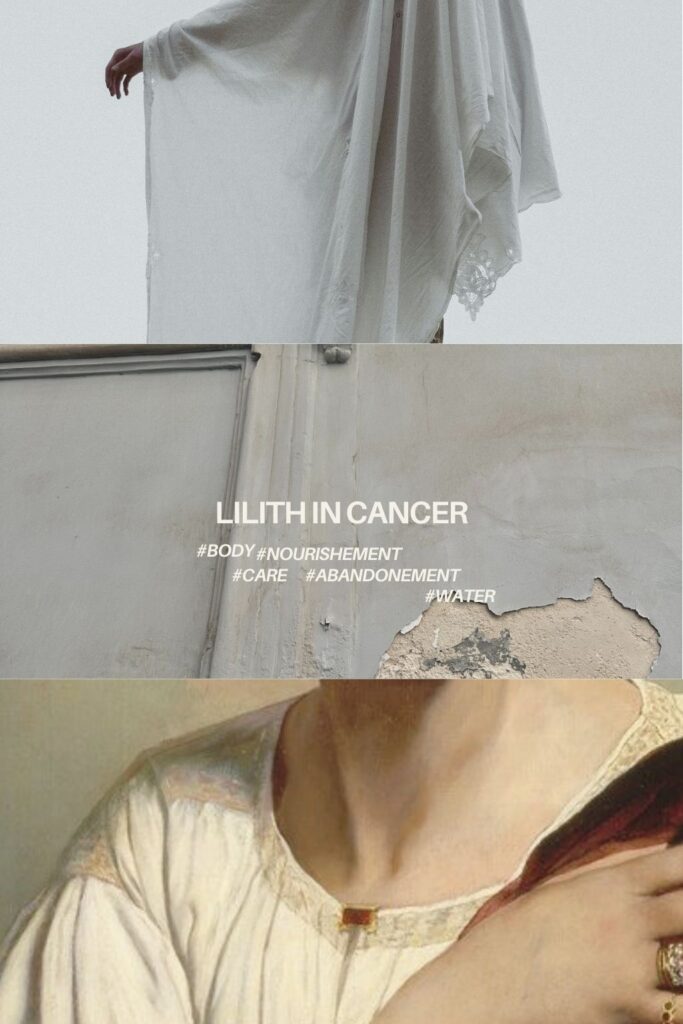 Black Moon Lilith in Cancer abstract collage with soft, intimate imagery and overlays symbolizing body, nourishment, care, abandonment, and the water element.