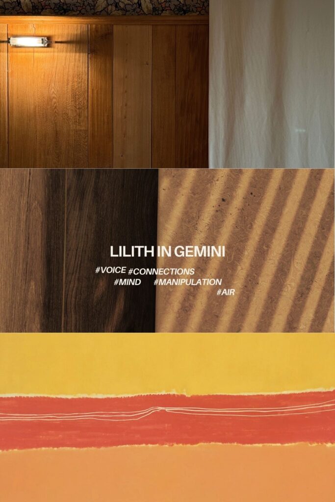 Black Moon Lilith in Gemini abstract collage with warm textures and overlays symbolizing voice, mind, connections, manipulation, and air.