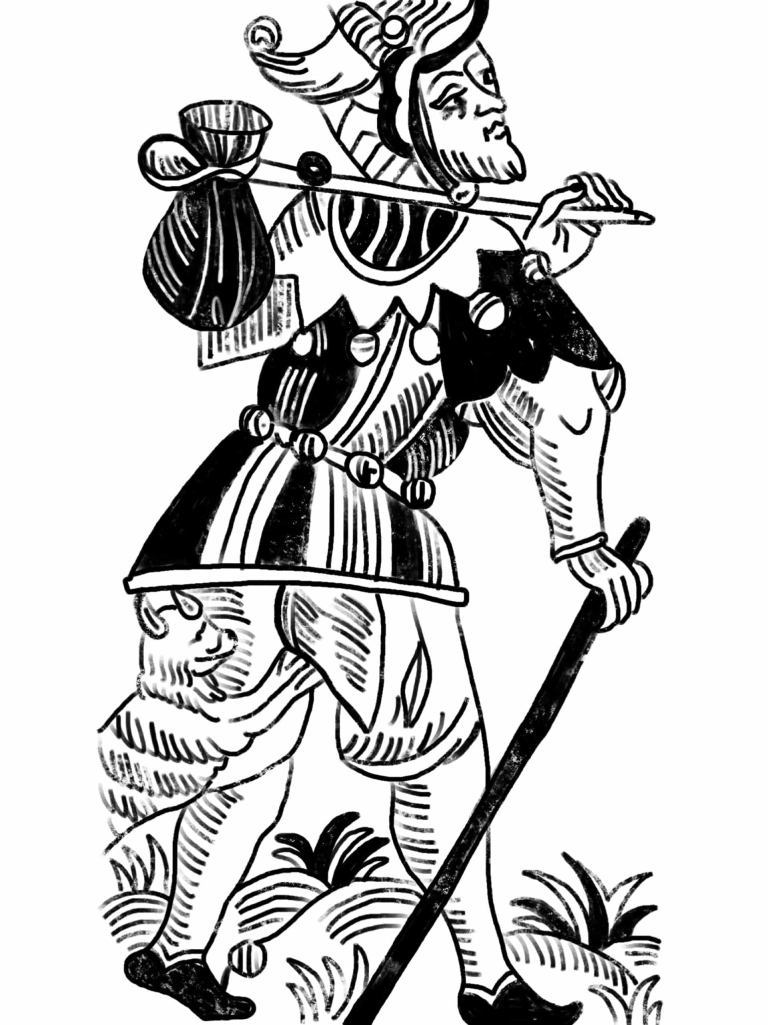 The Fool from the Marseille tarot deck, black and white.