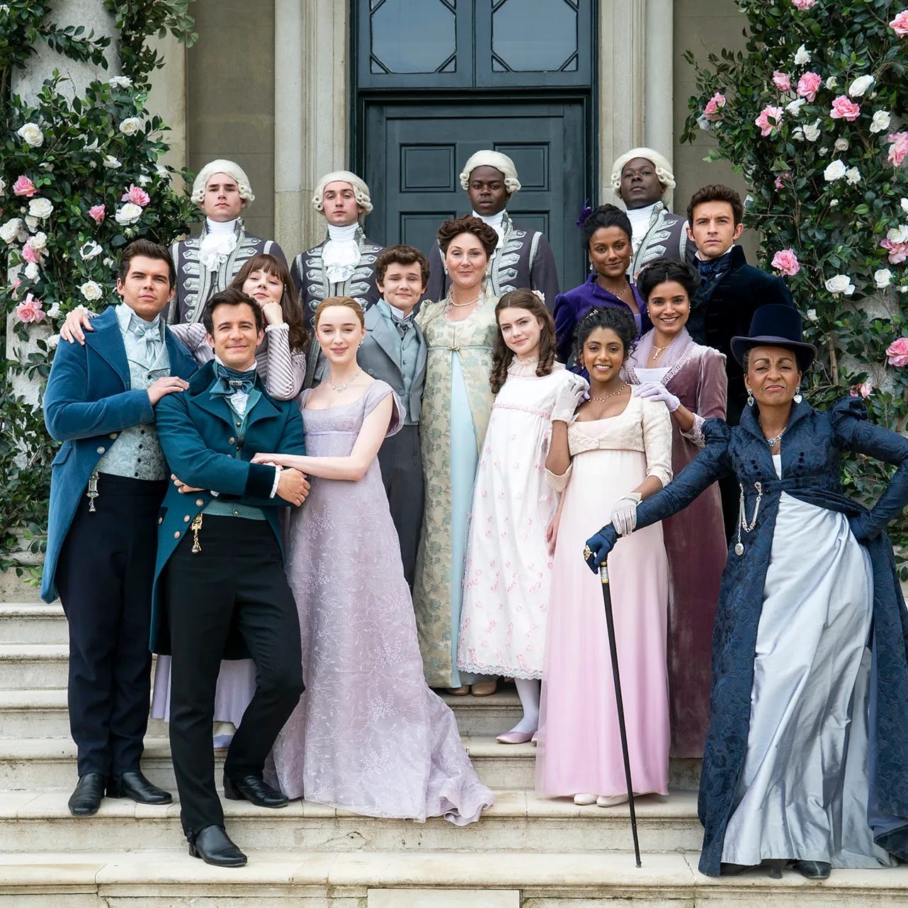 Bridgerton characters in a group portrait representing zodiac archetypes.