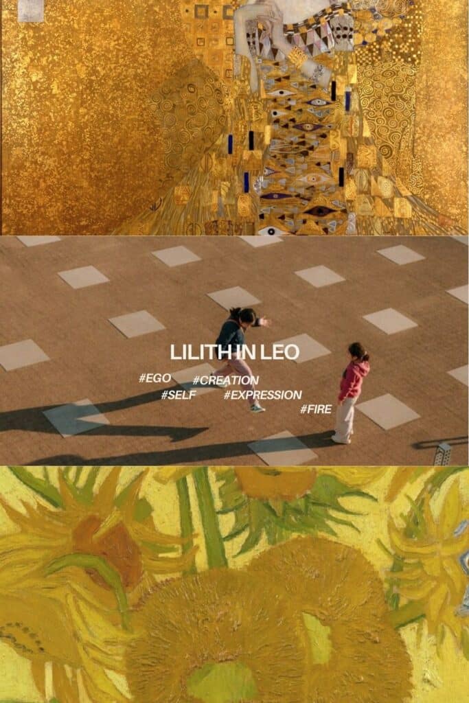 Black Moon Lilith in Leo abstract collage with gold textures and overlays symbolizing ego, self, expression, creation, and fire.