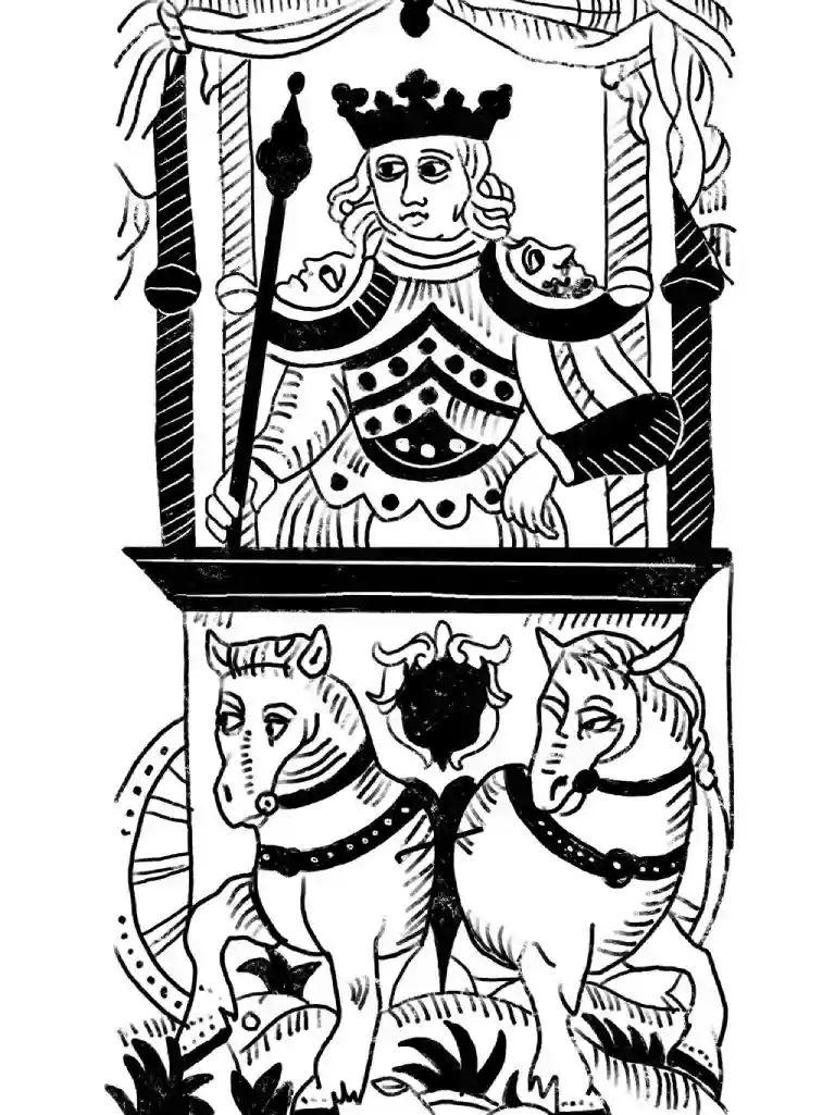 The Chariot card from the Marseille tarot, black and white.